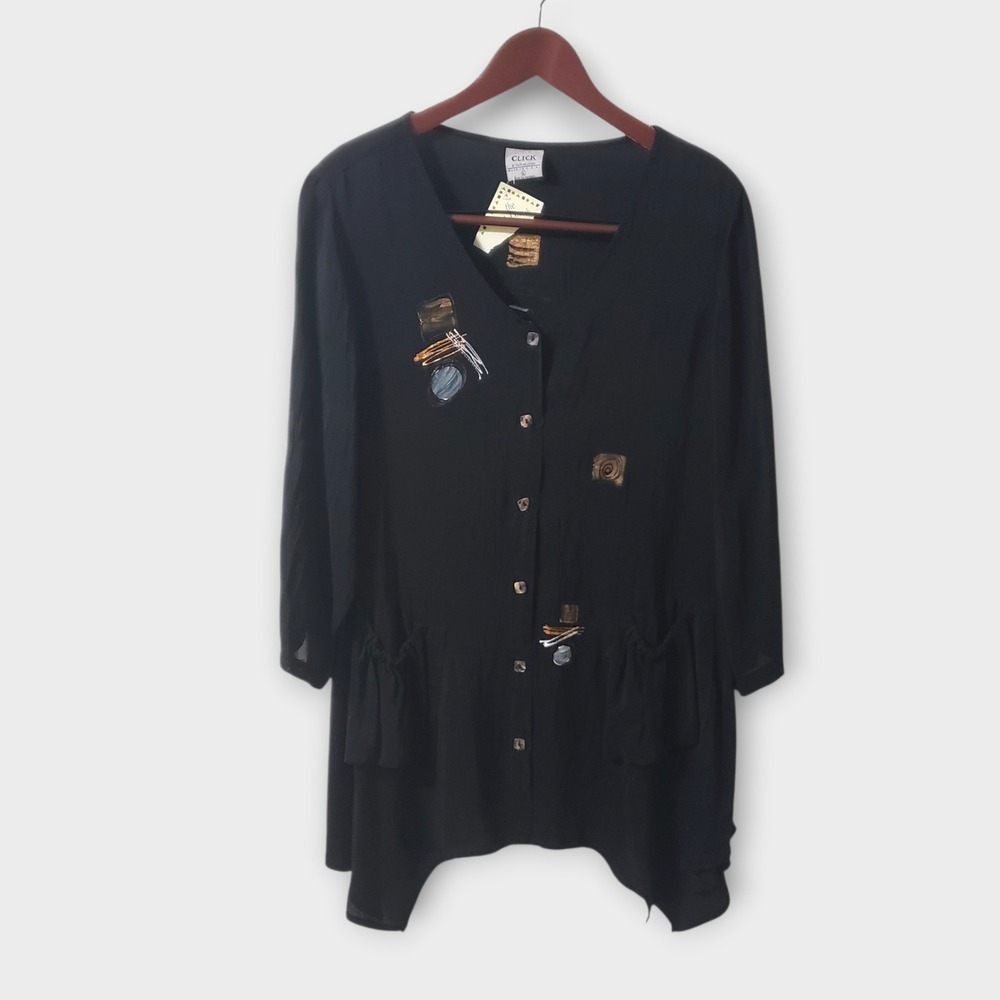 NWOT Click Vtg Artsy Hand Painted Button Front Asymmetric Tunic Top Black Large